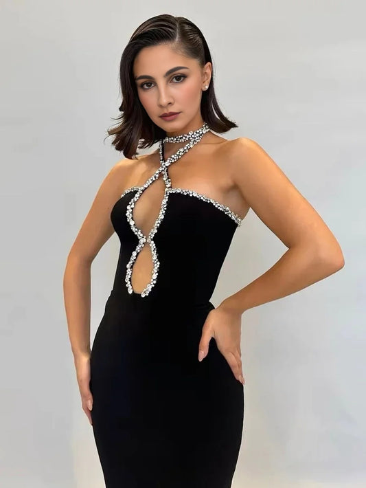 Zwarte strapless luxe strakke lange bandagejurk met steentjes en split