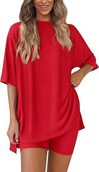Loose Fit Casual Round Neck Short Sleeve Shorts TwoPiece Set