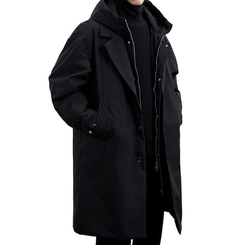 Men's faux two-piece hooded mid-length windbreaker
