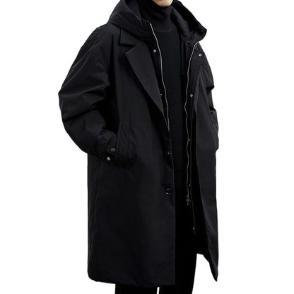 Men's faux two-piece hooded mid-length windbreaker