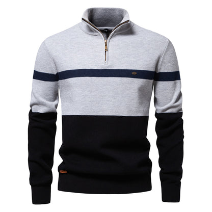 Men's Slim Fit Stand Collar Half-Zip Color-Block Knit Sweater