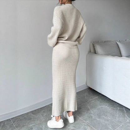Womens V Neck Slim Knitted Striped Casual Suit