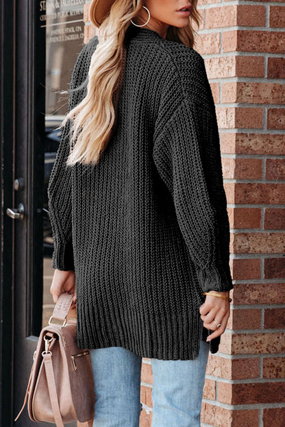 Gray Buttoned Front Drop Shoulder Knitted Cardigan