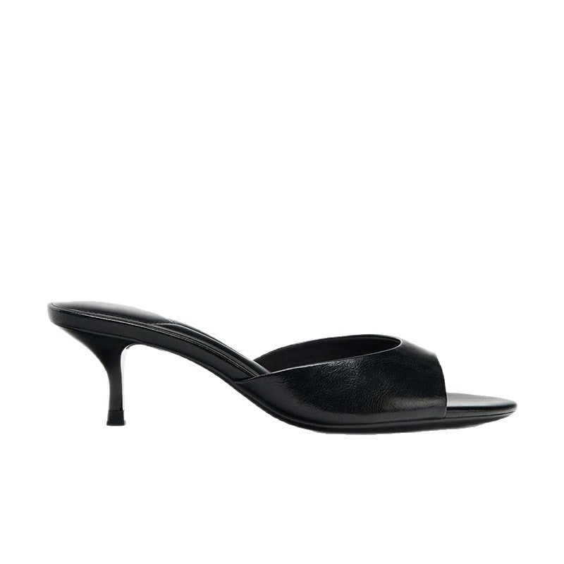 Black Stiletto High Heels Half-Mule Peep-Toe Low-Heeled Sandals for Women