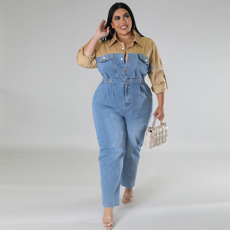 Plus Size Dames Colorblock Denim Jumpsuit