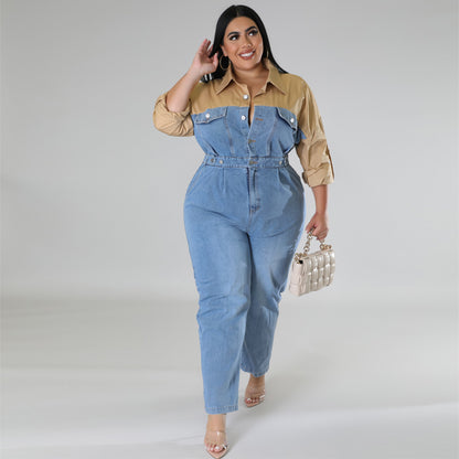 Plus Size Dames Colorblock Denim Jumpsuit