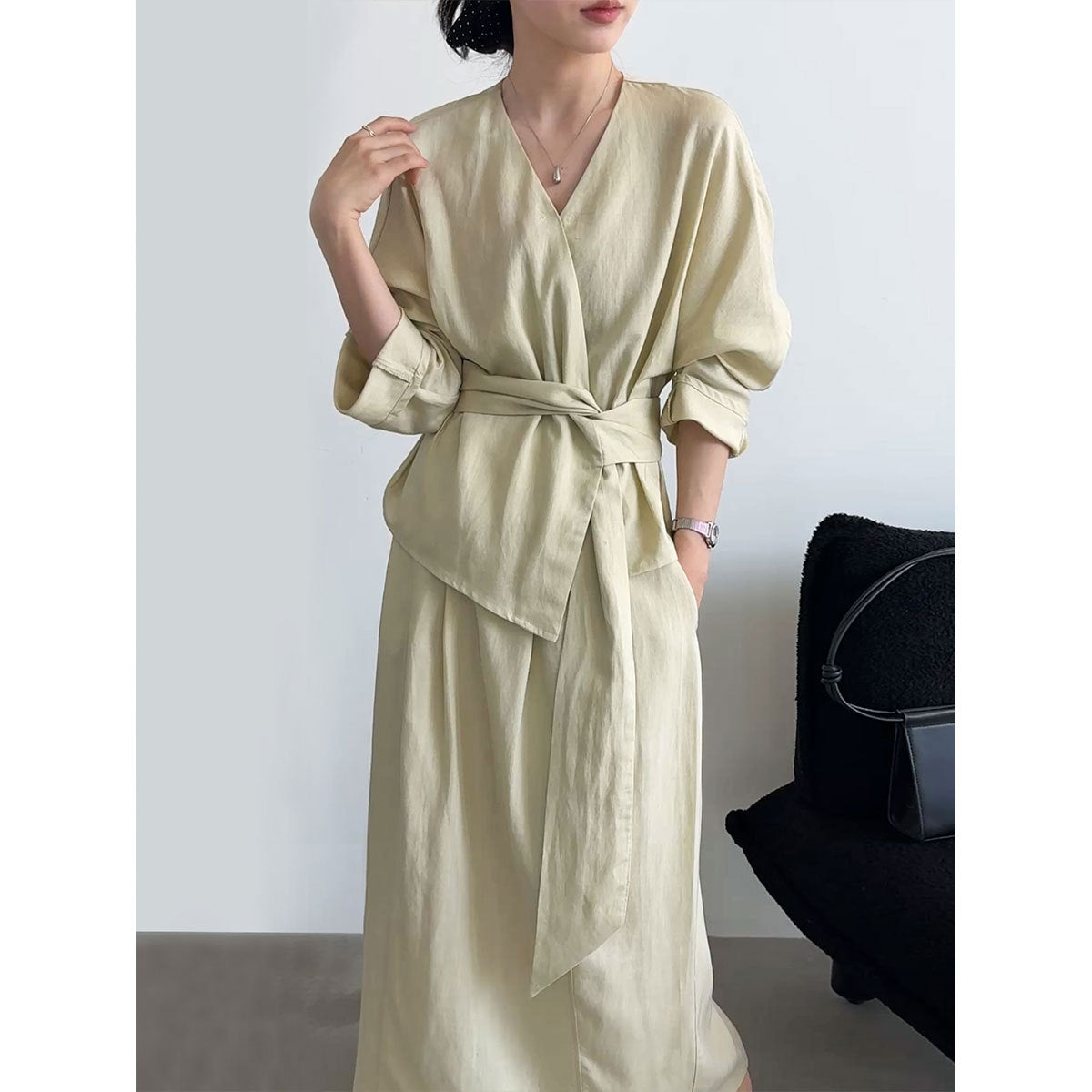 Linnen blouse met ceintuur en rokset voor dames