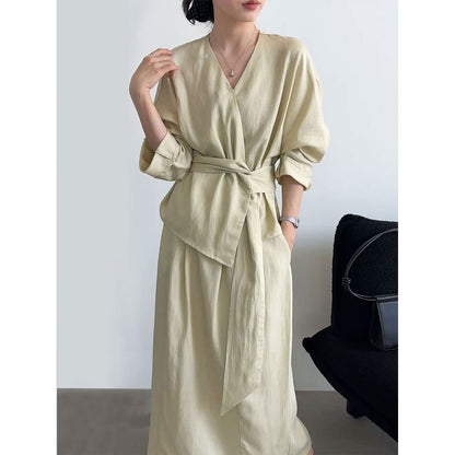 Linnen blouse met ceintuur en rokset voor dames