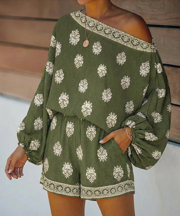 Bohemian Cross-Collar Lantern Sleeve Printed Jumpsuit