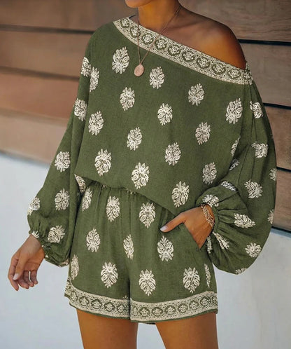 Bohemian Cross-Collar Lantern Sleeve Printed Jumpsuit