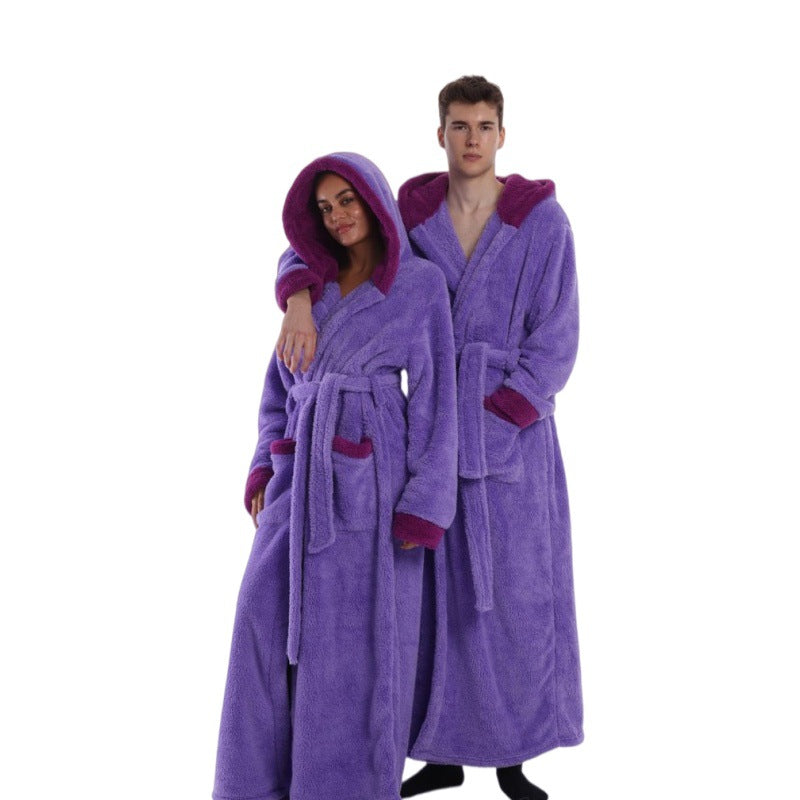 Hooded Solid Color Fleece Bathrobe with Belt Ankle Length Warm Couple Loungewear