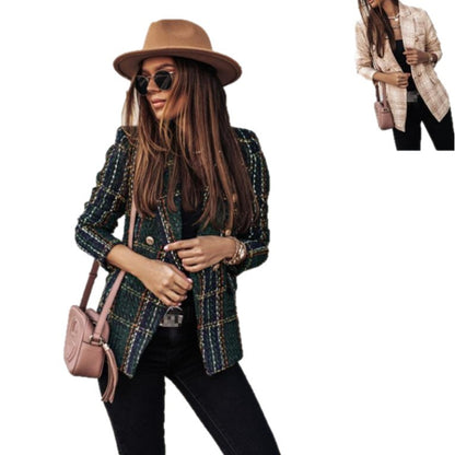 Printed Long Sleeve Double-Breasted Suit Lapel Blazer Coat for Women