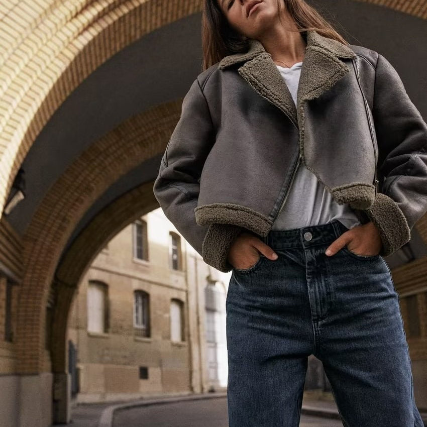 Lapel Patchwork Fleece Motorcycle Short Jacket Coat