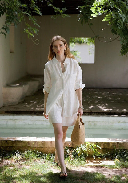 Womens Linen Casual Oversized Shirt Shorts Set