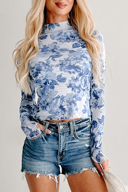 Hemelsblauwe mesh top met bloemenprint lange mouwen en opstaande hals