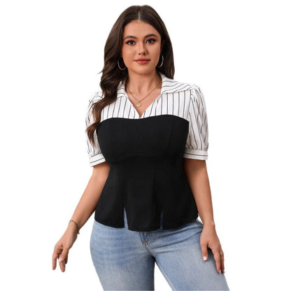 Stijlvolle plus size blouse met strepen en en korte pofmouwen