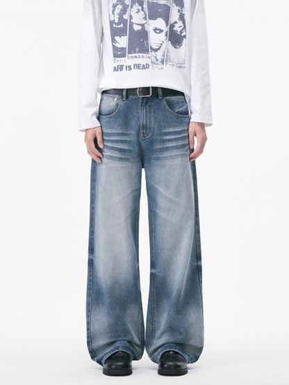Mens Washed Loose Straight Leg Jeans