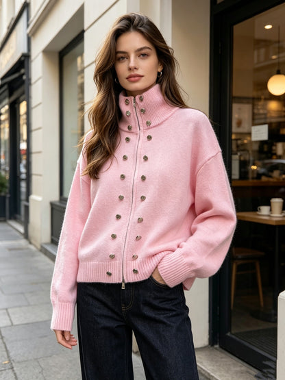 button-decorated knitted zipper cardigan sweater coat