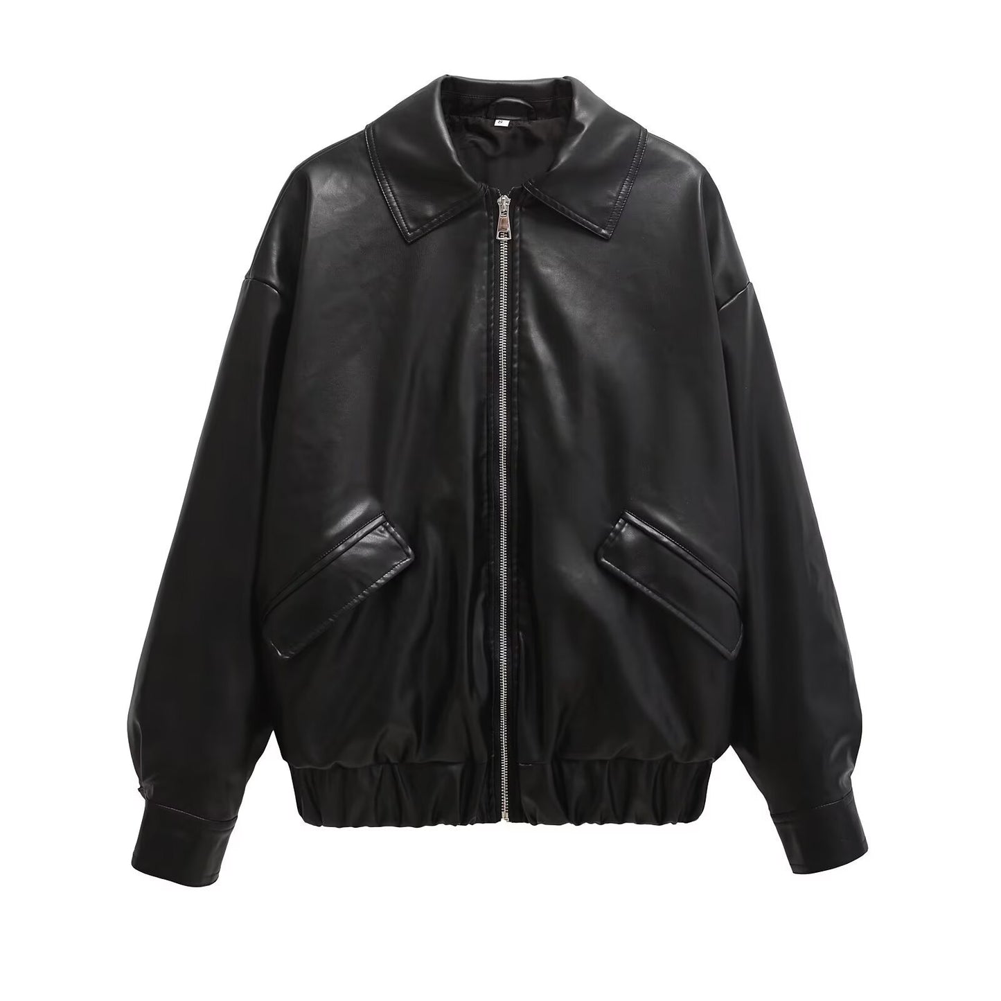 PU-leren jack met ritssluiting zakken en elastische taille