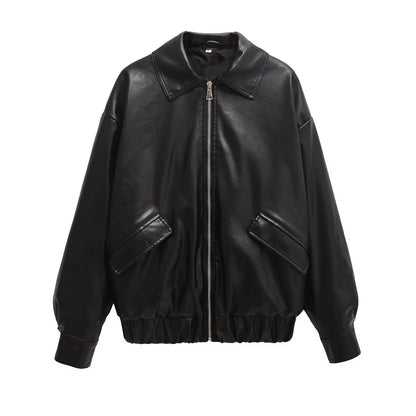 PU-leren jack met ritssluiting zakken en elastische taille