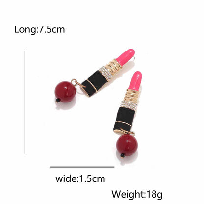Rhinestone Lipstick-Style Earrings with Beaded Pendant