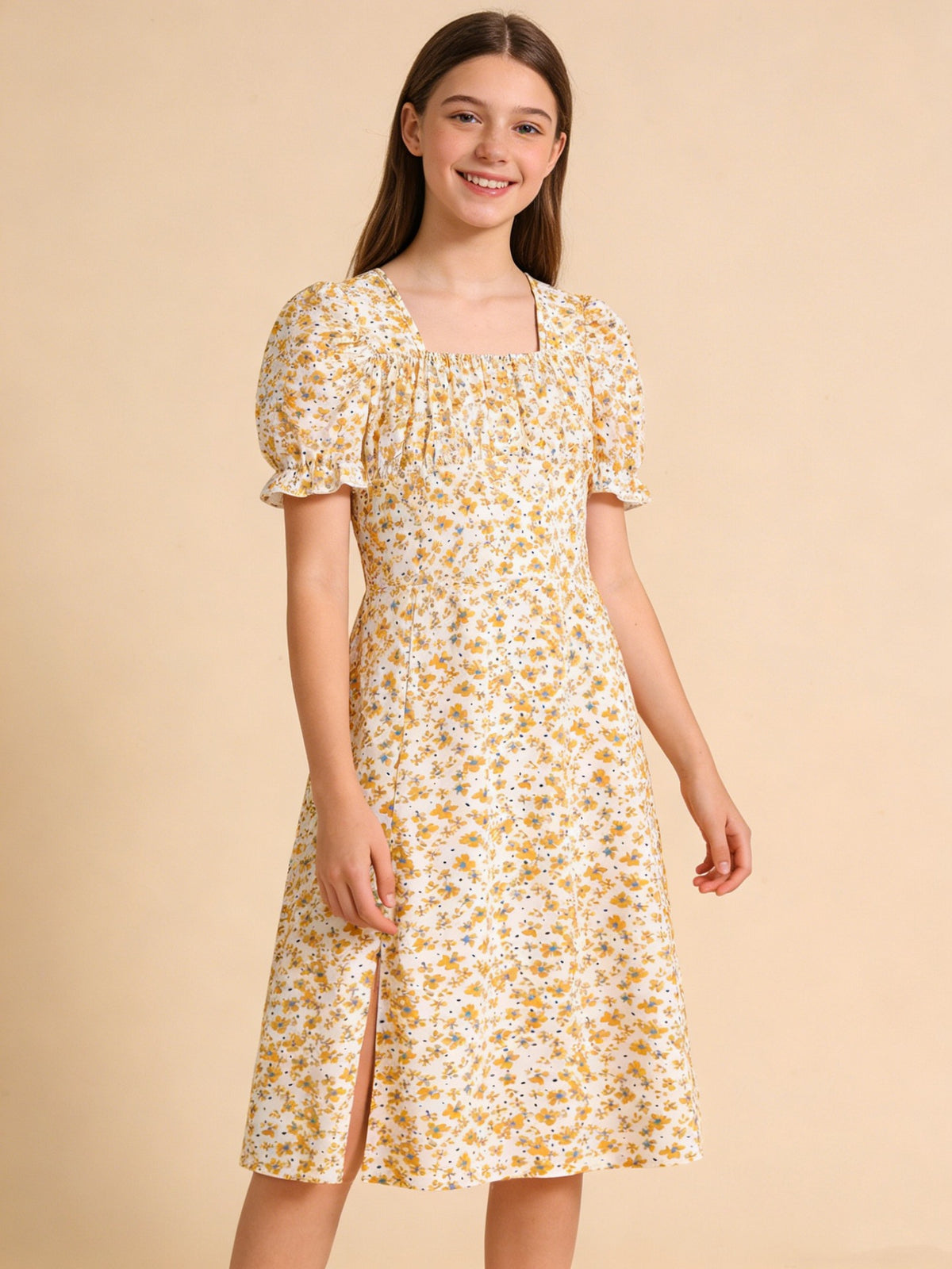 Floral Print Waist-Cinching Mid-Length Dress