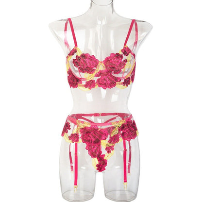 Underwear three-piece set embroidery big flower Mosaic fun underwear underwear garter belt bra and panty set  lingerie set