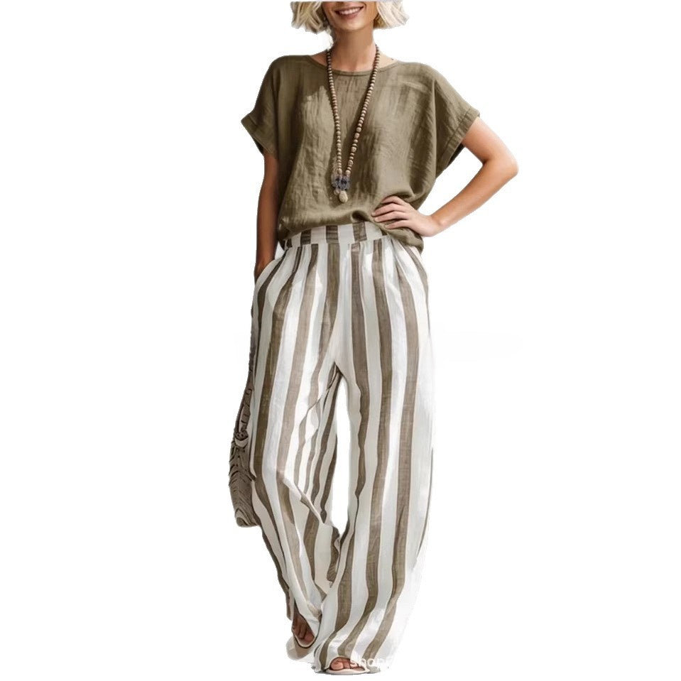 Summer New Comfortable Classic Striped Cotton-Linen Two-Piece Set