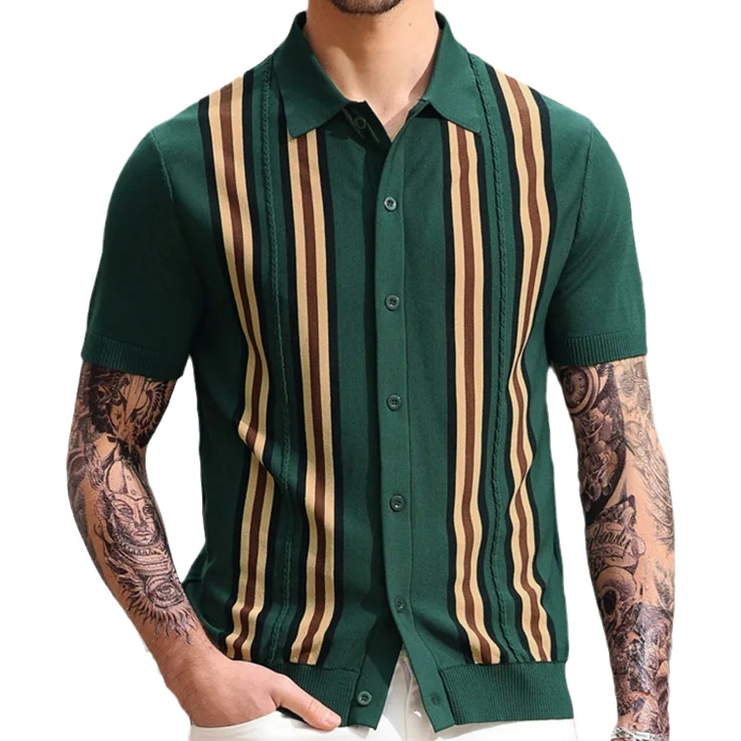 Summer green striped short sleeved slim fit business polo shirt knit sweater Father's Day gift