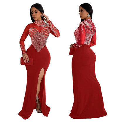 Rhinestone High Slit Mesh Evening Dress