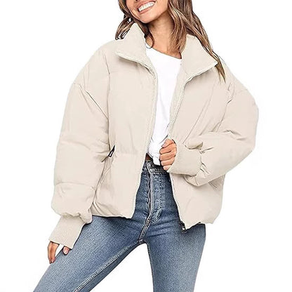 Womens Short Puffer Cotton Jacket Loose Fit Solid Color