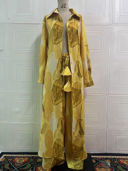 Tweedelige elegante set: lange overhemd met print + wijde broek