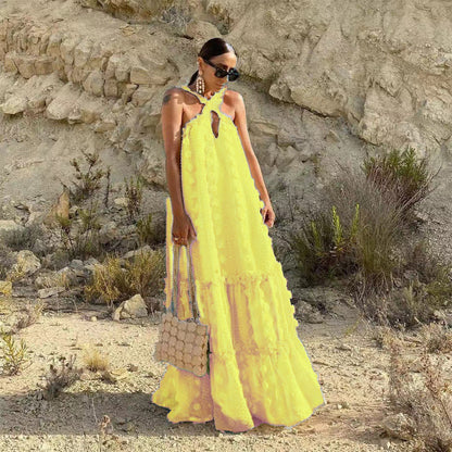 2026 Spring/Summer European and American New Style Solid Color Fashionable 3D Floral Floor-Length Cake Dress Cross-Border Long Dress Women's Halter Dress