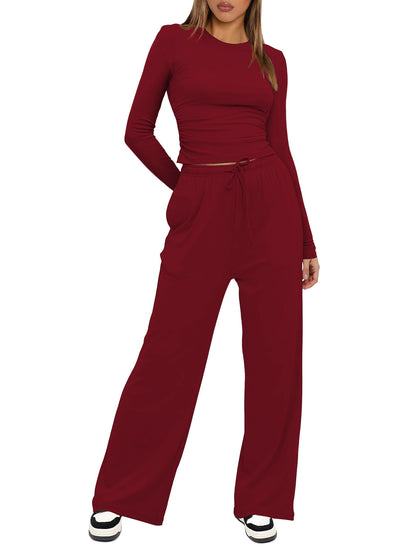 Casual Solid Color Long Sleeve Top & High-Waisted Wide Leg Pants Set Sportswear