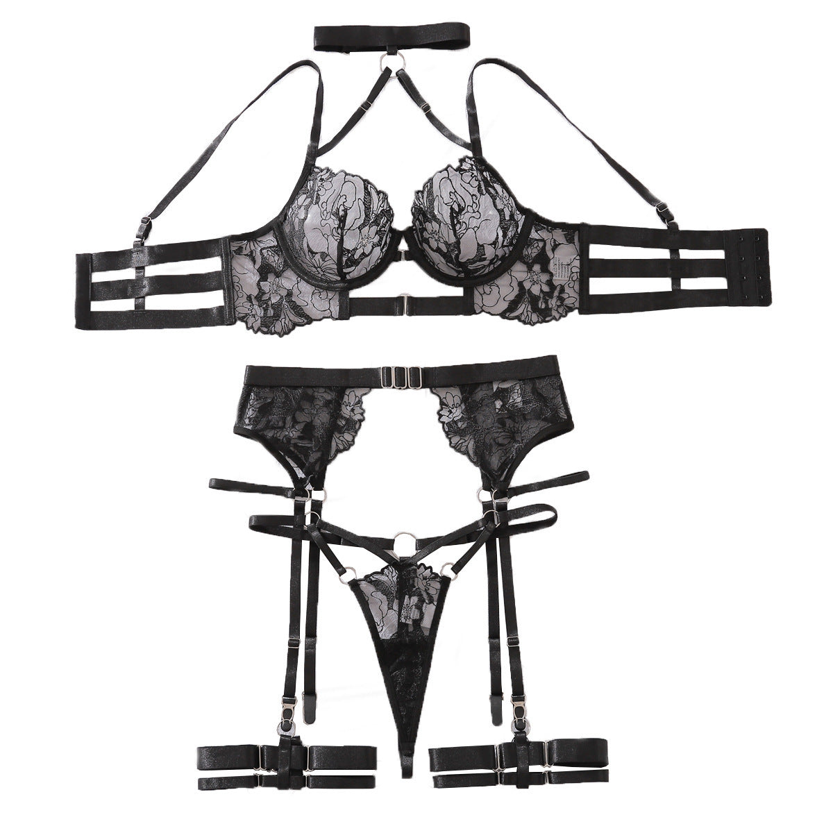 Embroidered Sheer Lingerie Garter Set