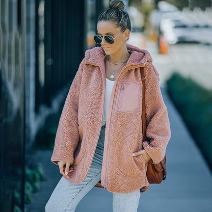 Effen kleur ritszak losse polar fleece jacket