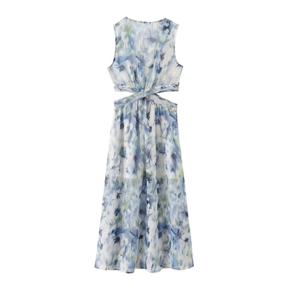 European and American summer new fashionable high waisted temperament pleated printed dress long skirt