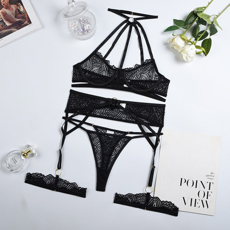 Lace eyelash patchwork neck hanging lingerie