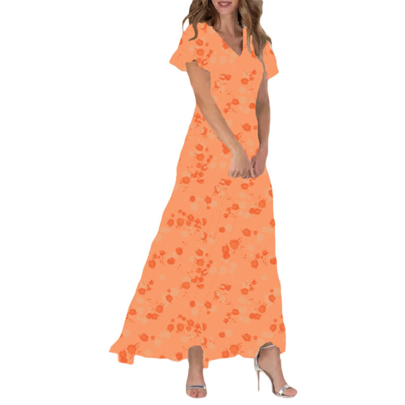 Womens Floral Print Chiffon V Neck Ruffled Swing Dress Short Sleeve Midi Beach Long Dress