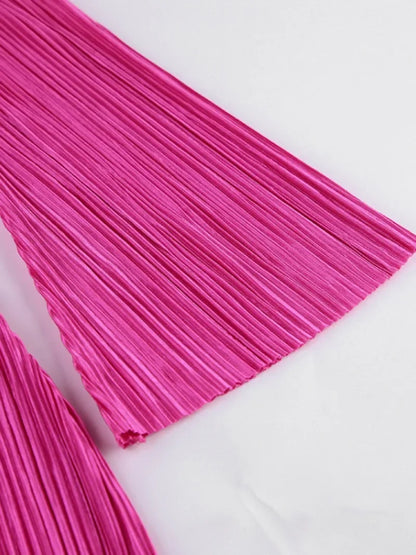 New O-neck Flare Sleeve Slim Short Party Dresses for Women Streetwear Rose Red Pink Bodycon Mini Office Work Pleated Dress