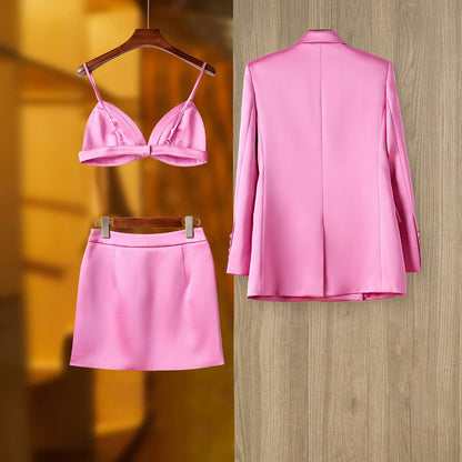 Women Street Design Pink Satin 3PCS Blazer Sets Elegant Mini Skirt Stunning Lady Suits Top Quality