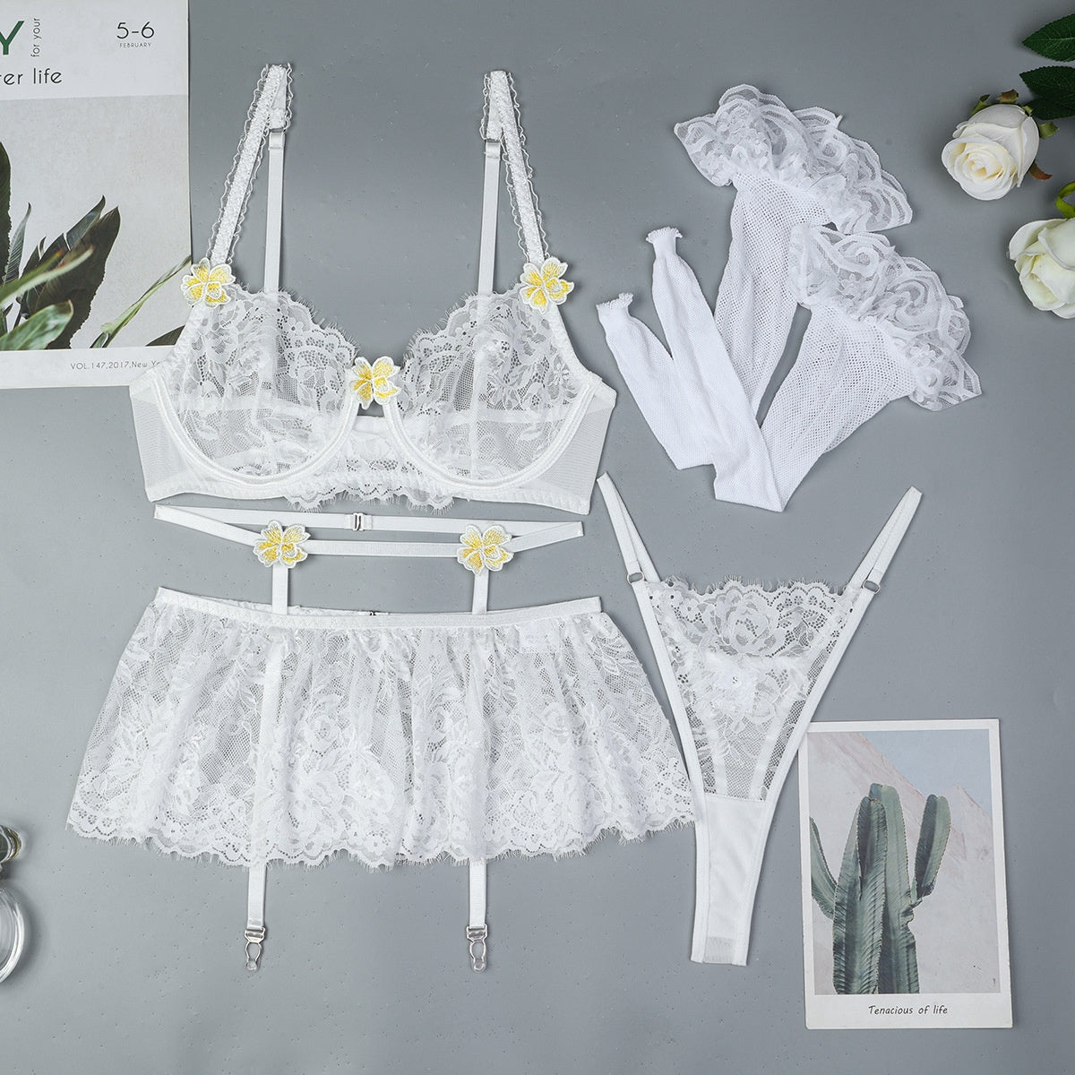 Style Sexy Lingerie Set with 3D Embroidered Flowers and Lace Splicing