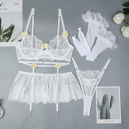 Style Sexy Lingerie Set with 3D Embroidered Flowers and Lace Splicing