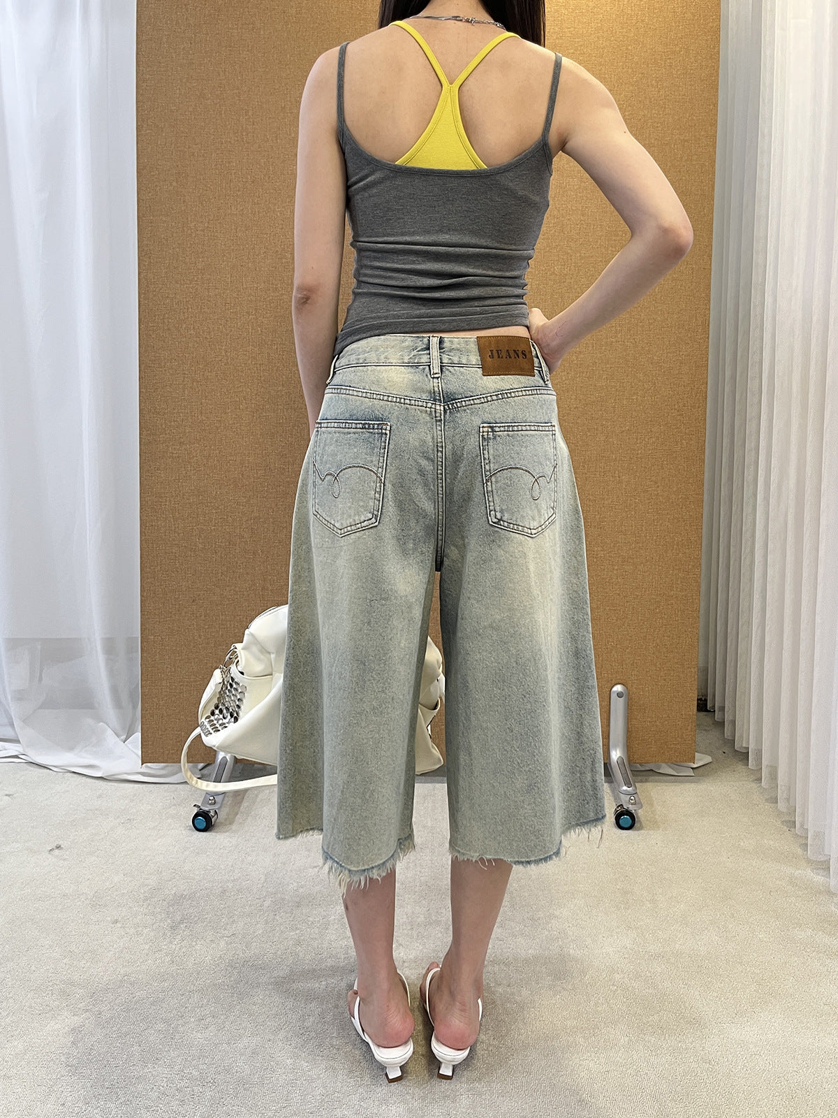 Womens Rhinestone Frayed Hem Denim Pants