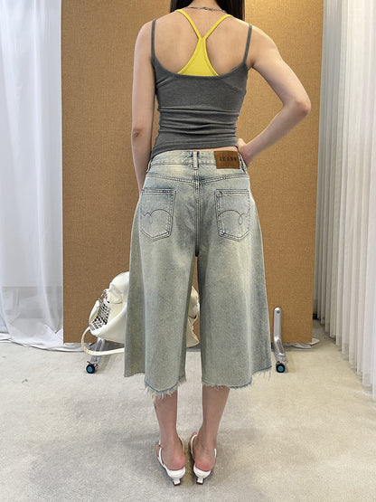 Womens Rhinestone Frayed Hem Denim Pants