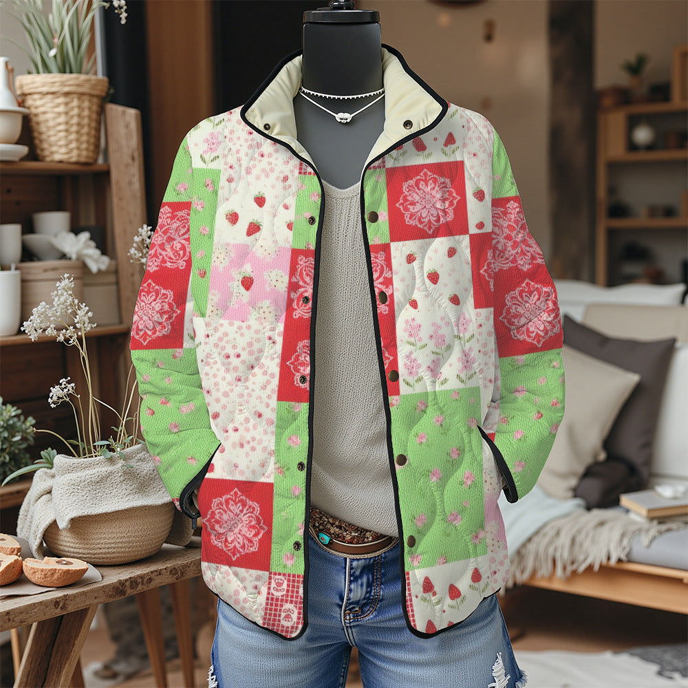 Women's Pleated Floral Digital Print Cotton Jacket Long Sleeve Stand Collar Outerwear