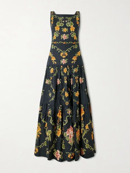 European and American Cross-Border 2026 Aliexpress Amazon Independent Site Elegant Linen Sleeveless Floral Patchwork Flared Dress