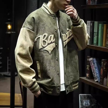 Mens Retro Stand Collar Baseball Jacket