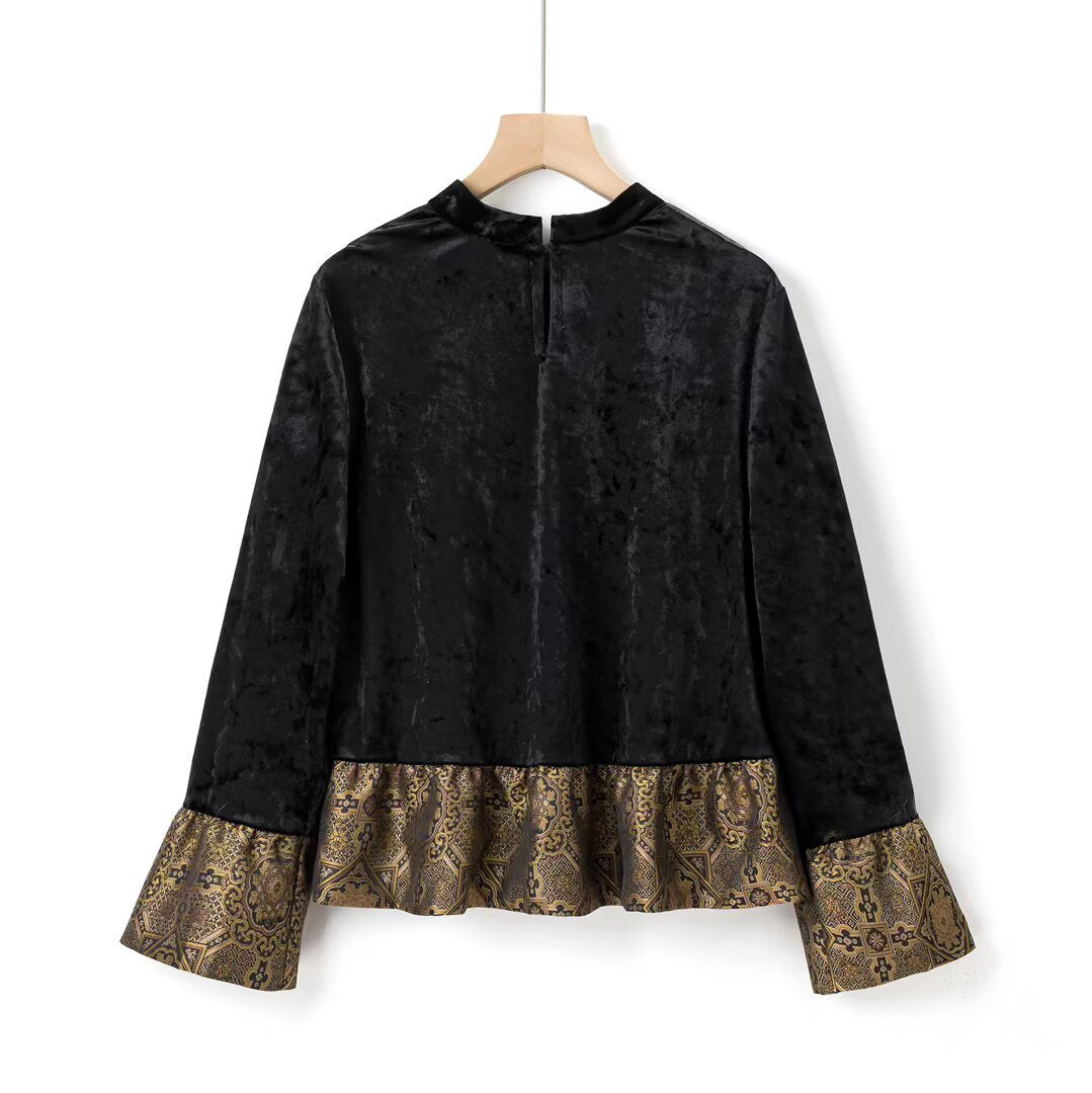Elegant round neck long sleeved patchwork velvet top
