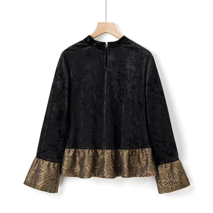 Elegant round neck long sleeved patchwork velvet top